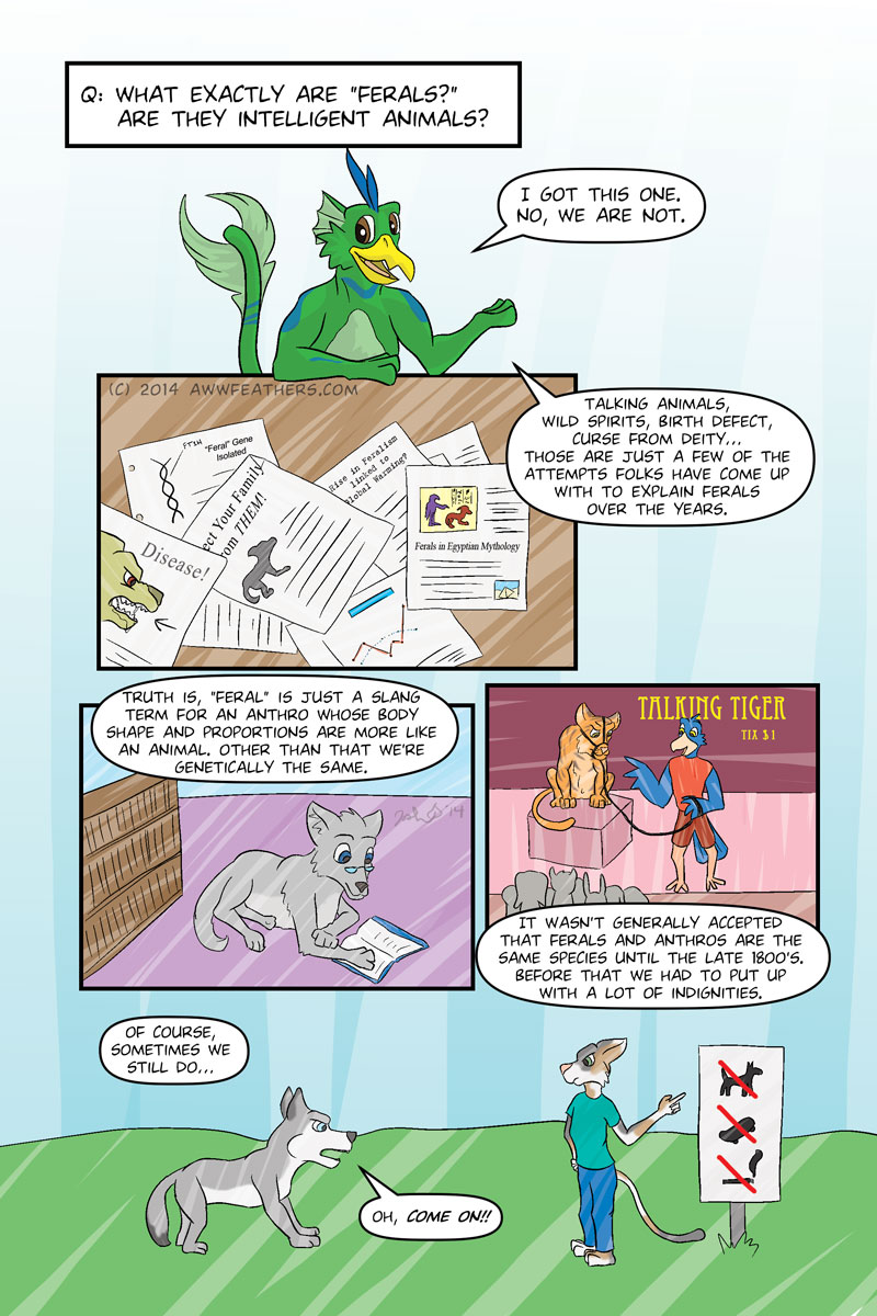 Question, "What exactly are ferals? Are they intelligent animals?" Dil pops up on the page and says, "I got this one. No, we are not." We see a pile of papers, one of which shows a rabid dog face with a caption that says, "Disease!" Another shows a strand of dna, and has a caption that reads "Feral Gene Isolated." Another shows a silhouette of a canine quadruped with the heading, "Protect your family from THEM!" Another has the headline, "Rise in feralism linked to global warming?" Finally, another shows a picture of Egyptian hieroglyphics, with the caption, "Ferals in Egyptian mythology." Dil continues to narrate, "Talking animals, wild spirits, birth defect, curse from deity... Those are just a few of the attempts folks have come up with to explain ferals over the years." Next we see a quadruped wolf lying on the floor, wearing glasses and reading a book in a library. Dil continues, "Truth is, feral is just a slang term for an anthro whose body shape and proportions are more like an animal. Other than that we're genetically the same." Next we see a group of people crowded around a bluebird carnival barker, holding a leash attached to an irritated looking tiger, in front of a sign that says, "Talking Tiger, Tix $1." Dil continues, "It wasn't generally accepted that ferals and anthros are the same species until the late 1800s. Before that we had to put up with a lot of indignities." Next, we see a quadruped husky standing in front of a bipedal calico cat, which is pointing to a sign with symbols indicating no smoking, no skateboarding, and no dogs. Dil's voice continues, "Of course, sometimes we still do..." and the husky says, "Oh, come on!!"