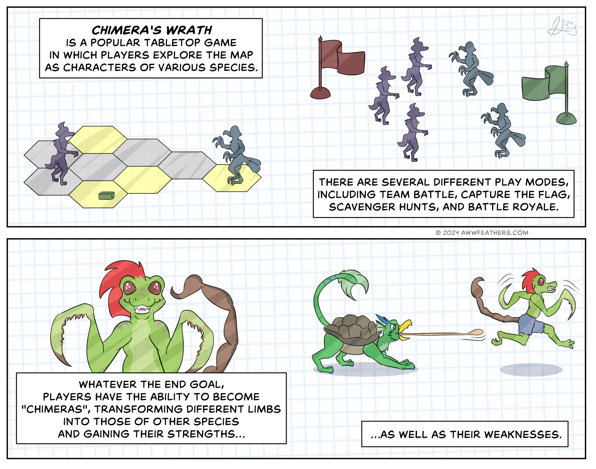 A caption reads, "Chimera's Wrath is a popular tabletop game in which players explore the map as characters of various species." We see a hexoganal game board with two figurines at opposite ends of the board, one resembling a canine, and the other a bird. The caption continues, "There are several different play modes, including team battle, capture the flag, scavenger hunts, and battle royale." We see two teams of figurines arranged in formations facing off against each other, one with a red flag behind them and the other with a green flag. Then the caption says, "Whatever the end goal, players have the ability to become 'chimeras', transforming different limbs into those of other species adn gaining their strengths..." We see Ine grinning widely, his hands transformed into those of a preying mantis and with large segmented eyes and a scorpion's tail. Then we see mantis-Ine running away from Dilawar, who has a large tortoise shell on his back and is flinging a long tongue out of his mouth towards Ine. The final caption reads, "...as well as their weaknesses."
