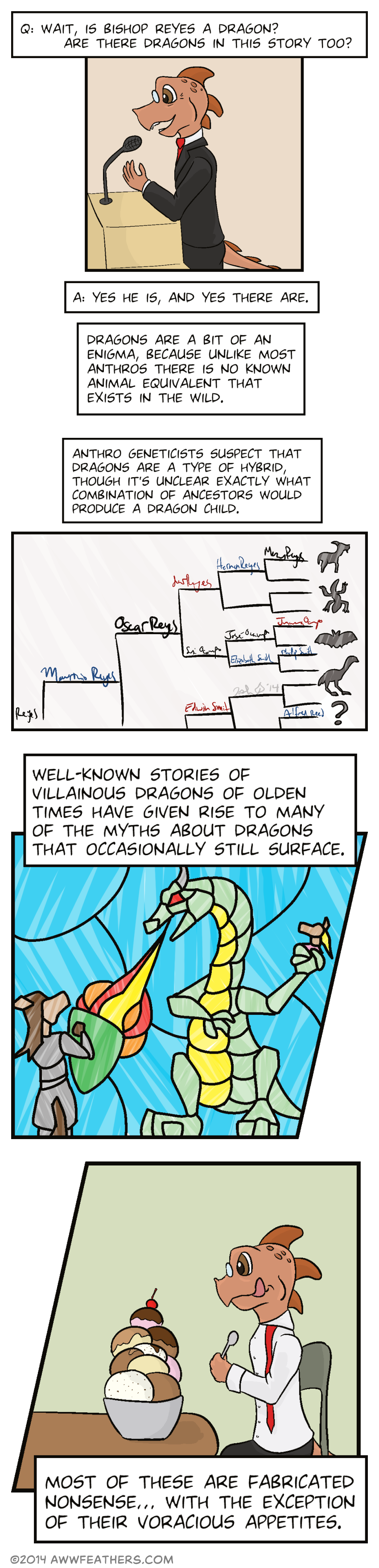Question, "Wait, is Bishop Reyes a dragon? Are there dragons in this story too?" We see Bishop Reyes standing and speaking at the podium. Answer, "Yes he is, and yes there are. Dragons are a bit of an enigma, because unlike most anthros there is no known animal equivalent that exists in the wild." We see a genealogical pedigree chart, which shows several names, including Oscar Reyes. There are also several silhouettes of various animal species near some of the names, including a goat, a lizard, a bat, an emu, and a large question mark. "Anthro geneticists suspect that dragons are a type of hybrid, though it's unclear exactly what combination of ancestors would produce a dragon child." We see a stained glass window depicting a horse in armor, holding a shield to defend himself from the fiery breath of a dragon, who is holding a horse princess in its claws. "Well-known stories of villainous dragons of olden times have given rise to many of the myths about dragons that occasionally still surface." We see Bishop Reyes sitting at a table in front of an enormous bowl filled with several different flavors of ice cream, holding a spoon and licking his lips. "Most of these are fabricated nonsense. With the exception of their voracious appetites."