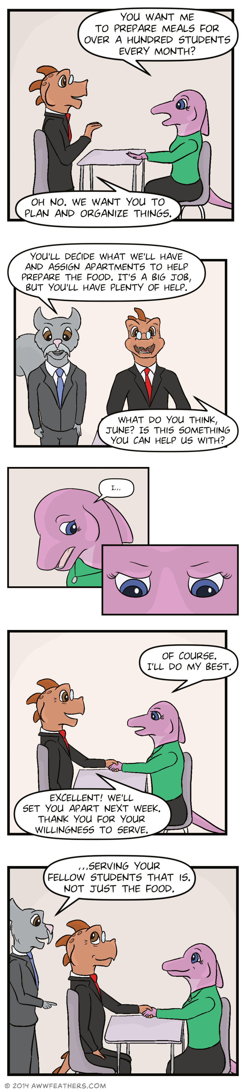 June sits at a desk in front of Bishop Reyes, and says, "You want me to prepare meals for over a hundred students every month?" Bishop holds up a hand and says, "Oh no. We want you to plan and organize things." Brother Stone steps up next to Bishop and says, "You'll decide what we'll have and assign apartments to help prepare the food. It's a big job, but you'll have plenty of help." Bishop says, "What do you think, June? Is this something you can help us with?" We see a close up of June, glancing down and looking nervous. She says, "I..." Then we see a close up of June's eyes, glancing down in determination. She reaches across the desk and shakes Bishop's hand, saying, "Of course. I'll do my best." Bishop smiles and responds, "Excellent! We'll set you apart next week. Thank you for your willingness to serve." Brother Stone points and says, "Serving your fellow students that is. Not just the food." June and Bishop smile in amusement at the comment.