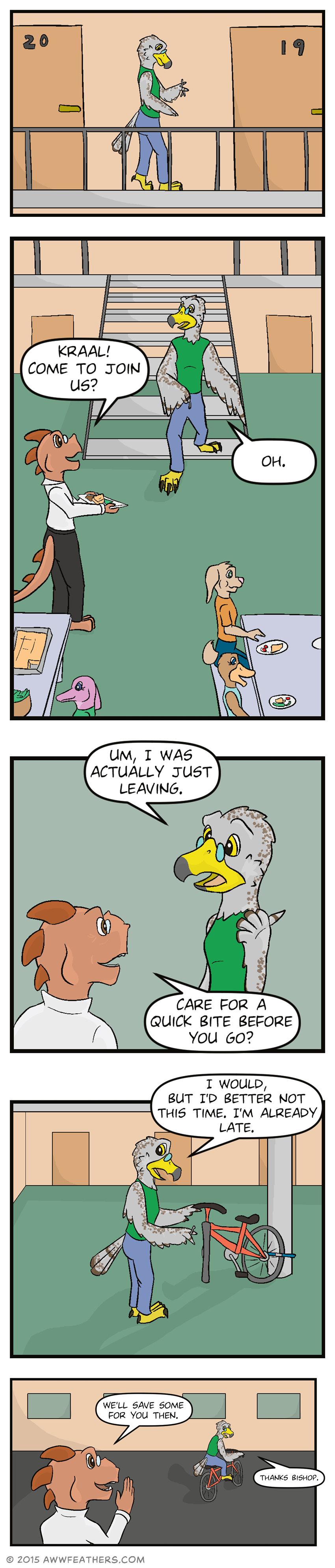 Kraal is seen walking past several apartments, holding a set of keys. As he walks down the stairs, he's greeted by Bishop Reyes, who cheerfully says, "Kraal! Come to join us?" Kraal looks surprised and replies, "Oh." Kraal, looking apologetic, responds, "Um, I was actually just leaving." Bishop says, "Care for a quick bite before you go?" Krall approaches a bicycle which is locked underneath the stairs, taking out his key. He says, "I would, but I'd better not this time, I'm already late." Finally, Kraal is seen riding away on his bicycle as Bishop calls out, "We'll save some for you then," to which Kraal calls back, "Thanks Bishop," as he rides off.