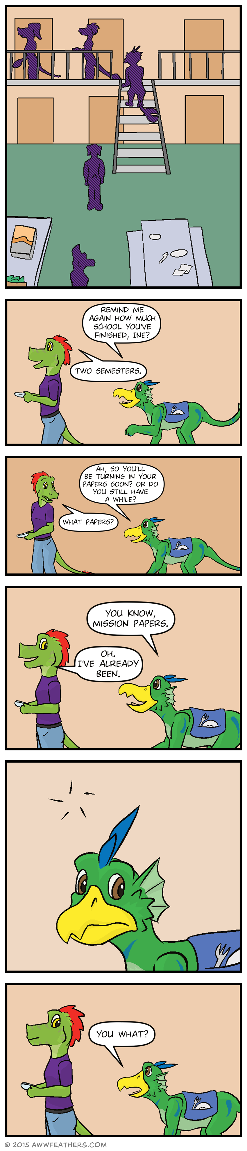 We see silhouettes of students leaving the dining area and returning to their apartments. Then we see Ine and Dil walking together. Ine is carrying his plate and Dil has a pouch slung over his back holding his own dishes. Dil asks, "Remind me again how much school you've finished, Ine?" to which Ine replies, "Two semesters." As they continue walking, Dil says, "Ah, so you'll be turning in your papers soon? Or do you still have a while?" Ine, turning around and looking puzzled, asks, "What papers?" Dil says, "You know, mission papers." Ine then nonchalantly says, "Oh. I've already been." Dil looks surprised. Then, looking incredulous, Dil says, "You what?"